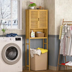 Meuble de rangement pour salle de bain en bambou avec étagère réglable et portes doubles, à placer au-dessus des toilettes