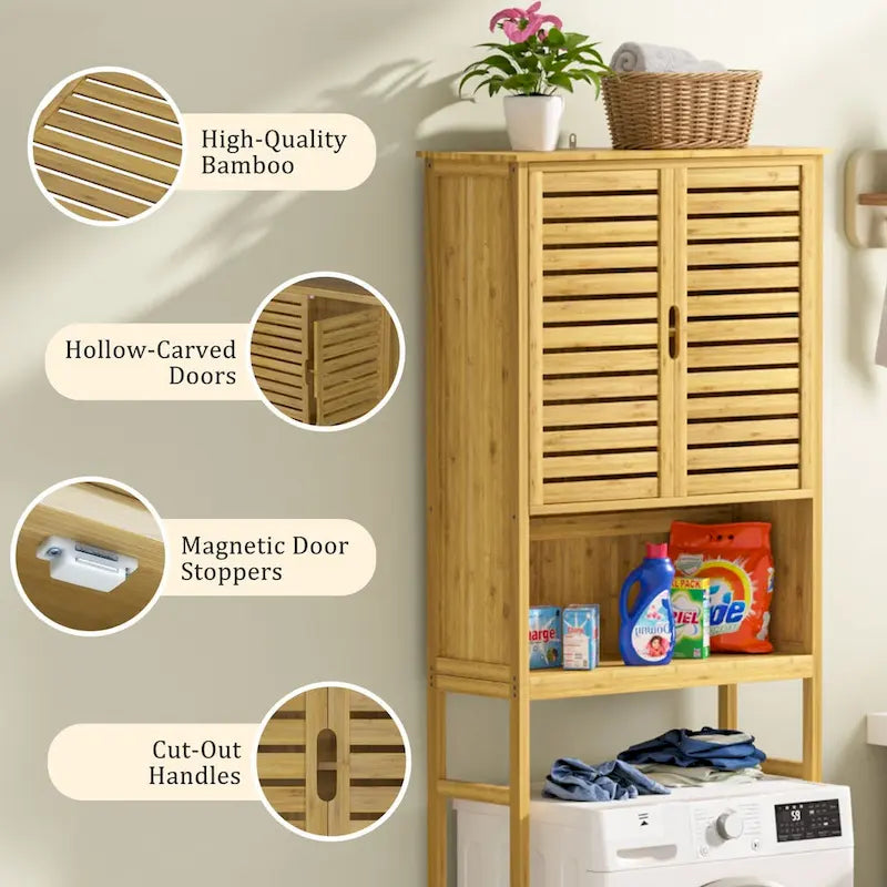 Meuble de rangement pour salle de bain en bambou avec étagère réglable et portes doubles, à placer au-dessus des toilettes
