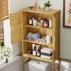 Meuble de rangement pour salle de bain en bambou avec étagère réglable et portes doubles, à placer au-dessus des toilettes