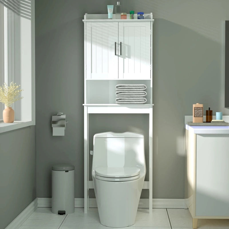 Meuble de rangement pour salle de bain en bambou avec étagère réglable et portes doubles, à placer au-dessus des toilettes