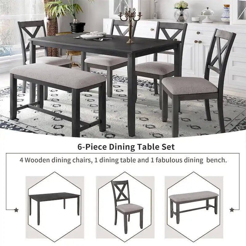 Ensemble de salle à manger en bois 6 pièces avec banc et 4 chaises de salle à manger