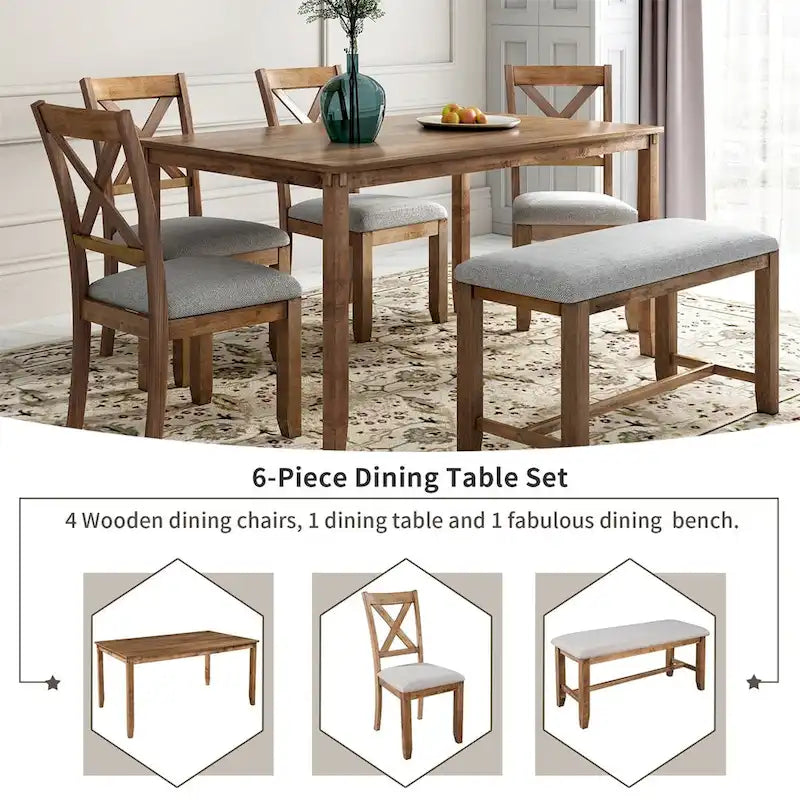 Ensemble de salle à manger en bois 6 pièces avec banc et 4 chaises de salle à manger