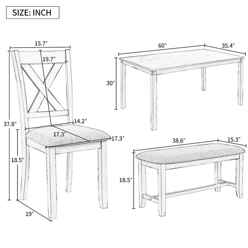 Ensemble de salle à manger en bois 6 pièces avec banc et 4 chaises de salle à manger