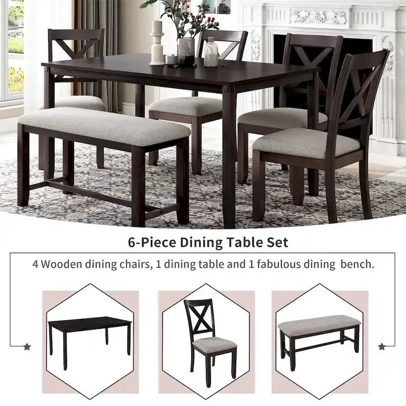 Ensemble de salle à manger en bois 6 pièces avec banc et 4 chaises de salle à manger