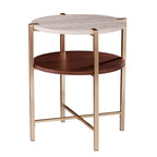 Table d'appoint ronde Aldea moderne avec plateau en faux marbre et étagère en faux bois