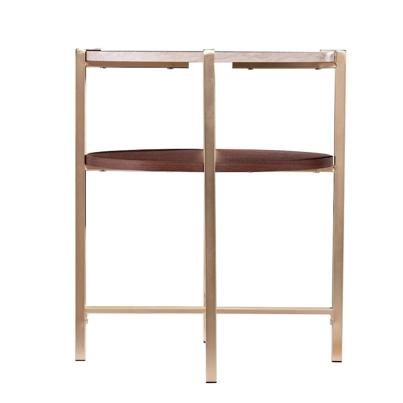 Table d'appoint ronde Aldea moderne avec plateau en faux marbre et étagère en faux bois