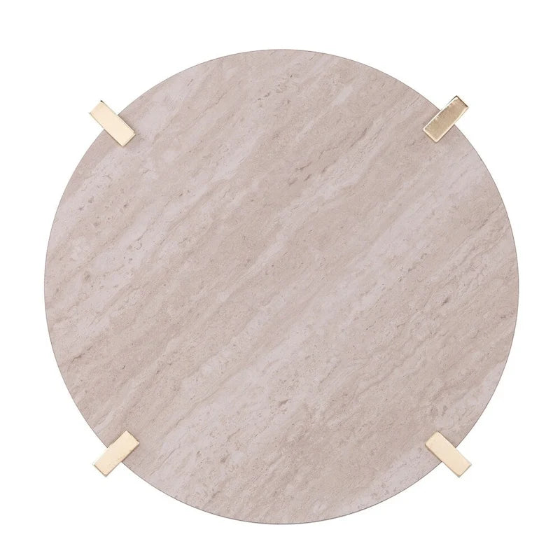 Table d'appoint ronde Aldea moderne avec plateau en faux marbre et étagère en faux bois