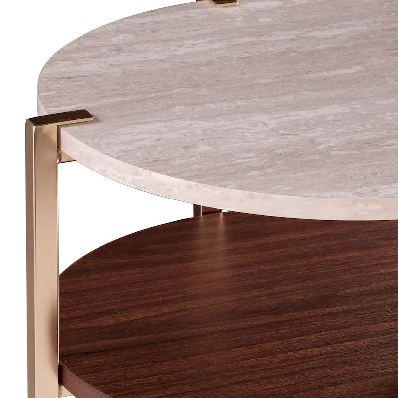 Table d'appoint ronde Aldea moderne avec plateau en faux marbre et étagère en faux bois