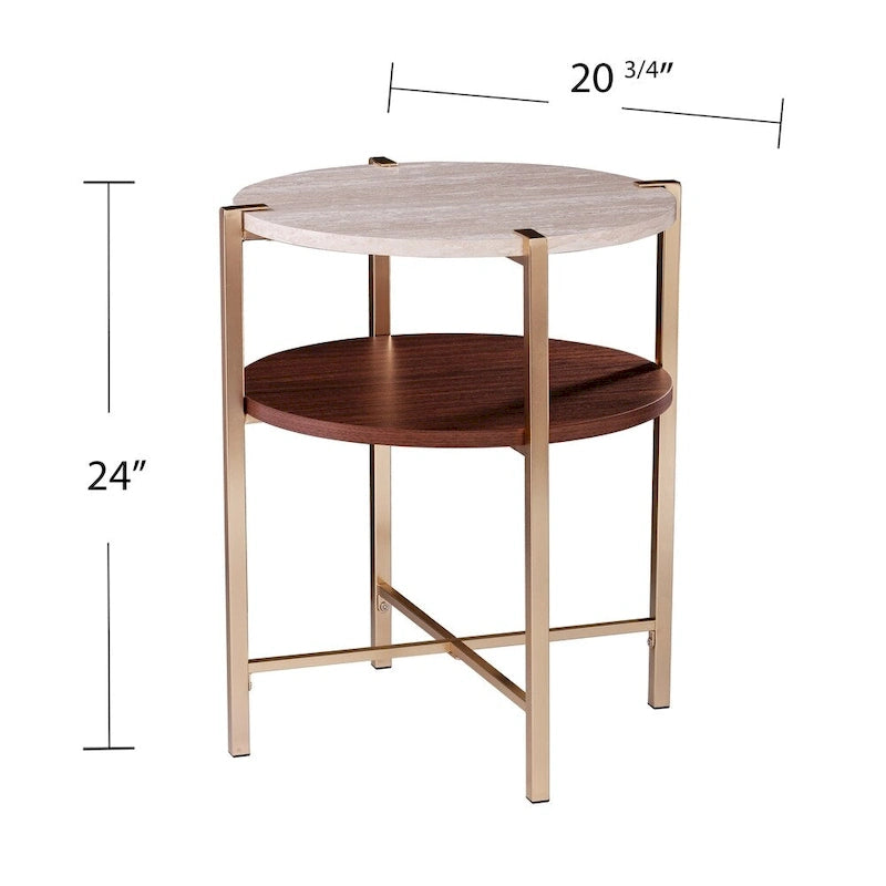 Table d'appoint ronde Aldea moderne avec plateau en faux marbre et étagère en faux bois