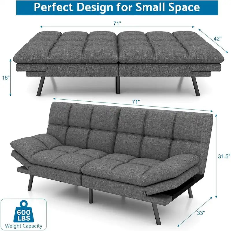 Canapé-lit futon, canapé convertible pliable en mousse à mémoire de forme avec accoudoirs réglables pour petits espaces