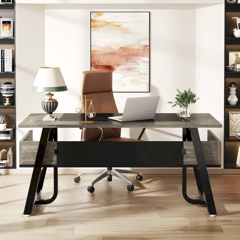 Bureau de direction avec étagère de rangement, poste de travail professionnel, bureau d'écriture pour la pièce du patron