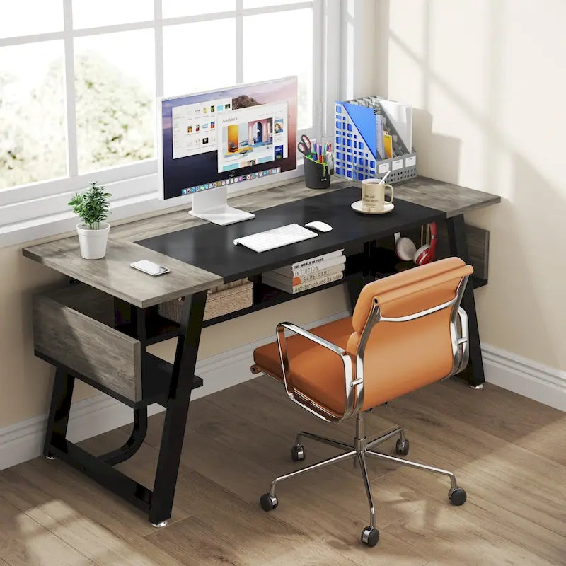Bureau de direction avec étagère de rangement, poste de travail professionnel, bureau d'écriture pour la pièce du patron