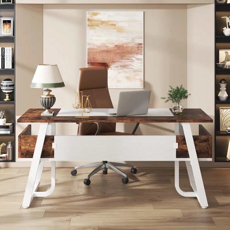 Bureau de direction avec étagère de rangement, poste de travail professionnel, bureau d'écriture pour la pièce du patron
