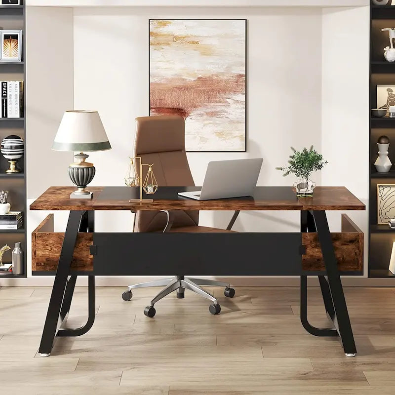 Bureau de direction avec étagère de rangement, poste de travail professionnel, bureau d'écriture pour la pièce du patron