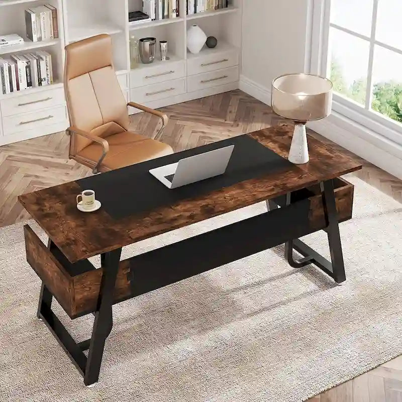 Bureau de direction avec étagère de rangement, poste de travail professionnel, bureau d'écriture pour la pièce du patron