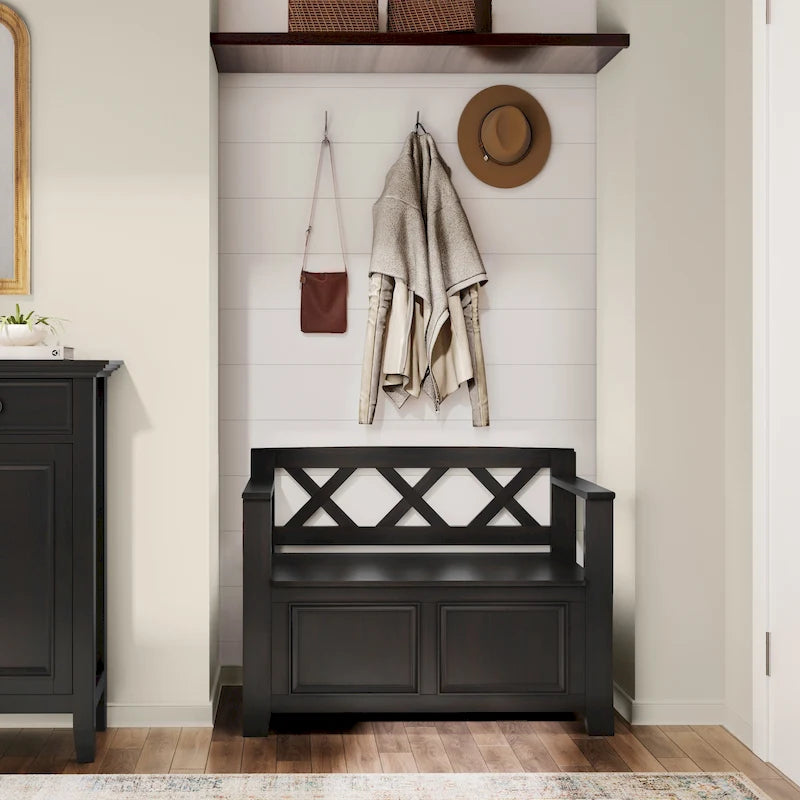 Banc de rangement transitionnel Halifax en BOIS MASSIF, largeur 36 pouces, pour petite entrée - 17P x 36L x 27,8H