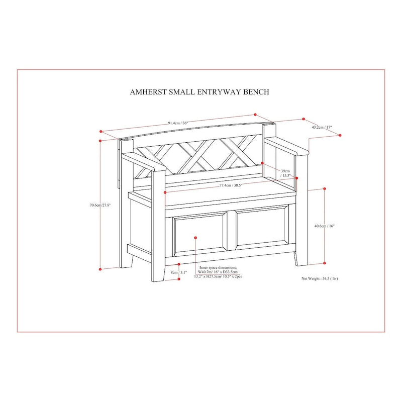 Banc de rangement transitionnel Halifax en BOIS MASSIF, largeur 36 pouces, pour petite entrée - 17P x 36L x 27,8H