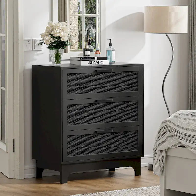 Commode noire à 3 tiroirs, moderne, en rotin, meuble de rangement d'appoint pour chambre à coucher