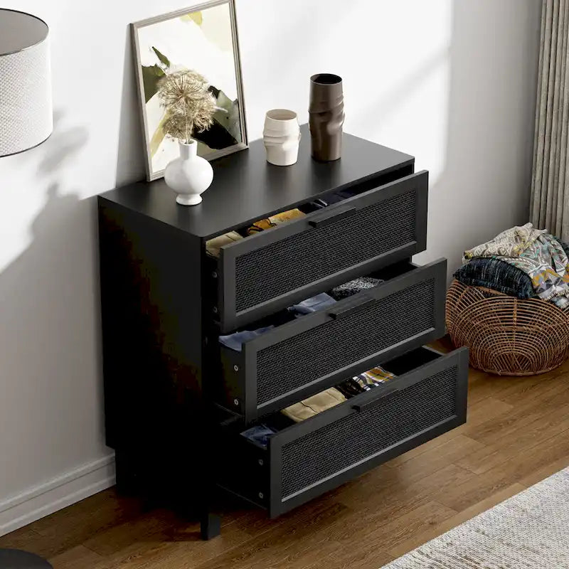 Commode noire à 3 tiroirs, moderne, en rotin, meuble de rangement d'appoint pour chambre à coucher