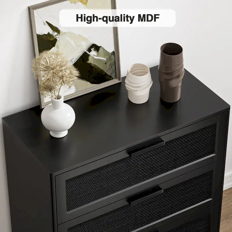 Commode noire à 3 tiroirs, moderne, en rotin, meuble de rangement d'appoint pour chambre à coucher