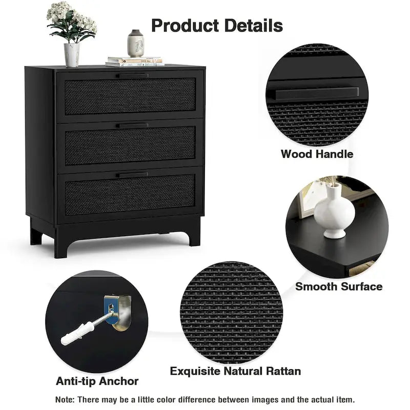 Commode noire à 3 tiroirs, moderne, en rotin, meuble de rangement d'appoint pour chambre à coucher