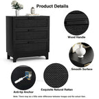 Commode noire à 3 tiroirs, moderne, en rotin, meuble de rangement d'appoint pour chambre à coucher