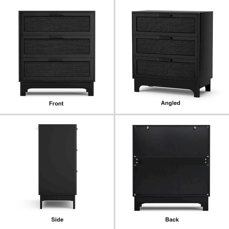 Commode noire à 3 tiroirs, moderne, en rotin, meuble de rangement d'appoint pour chambre à coucher