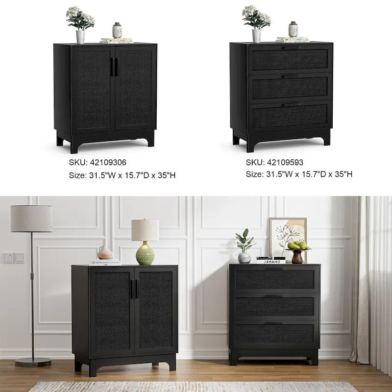 Commode noire à 3 tiroirs, moderne, en rotin, meuble de rangement d'appoint pour chambre à coucher