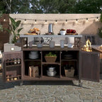 Îlot de cuisine extérieure, Desserte de bar roulante et Meuble de rangement, Table de barbecue d'extérieur de style fermier avec plateau en acier inoxydable et porte-serviettes