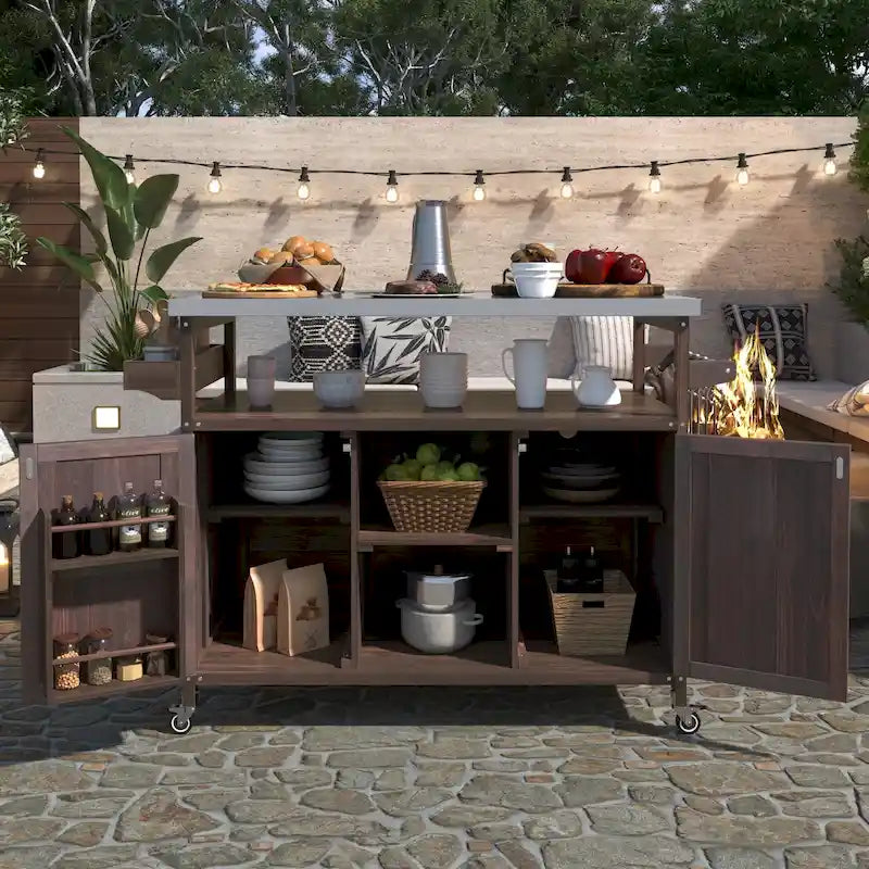 Îlot de cuisine extérieure, Desserte de bar roulante et Meuble de rangement, Table de barbecue d'extérieur de style fermier avec plateau en acier inoxydable et porte-serviettes
