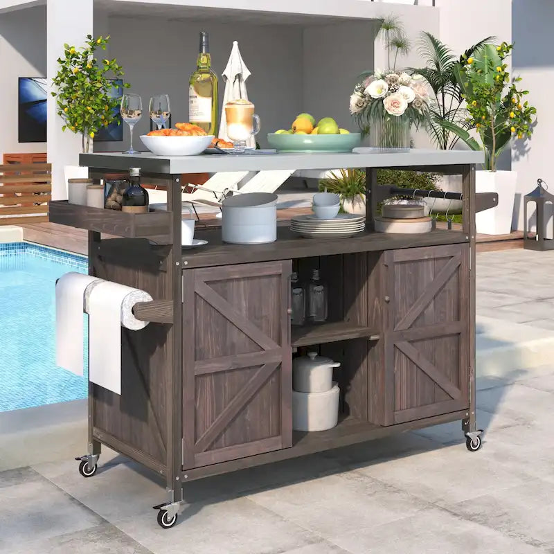 Îlot de cuisine extérieure, Desserte de bar roulante et Meuble de rangement, Table de barbecue d'extérieur de style fermier avec plateau en acier inoxydable et porte-serviettes