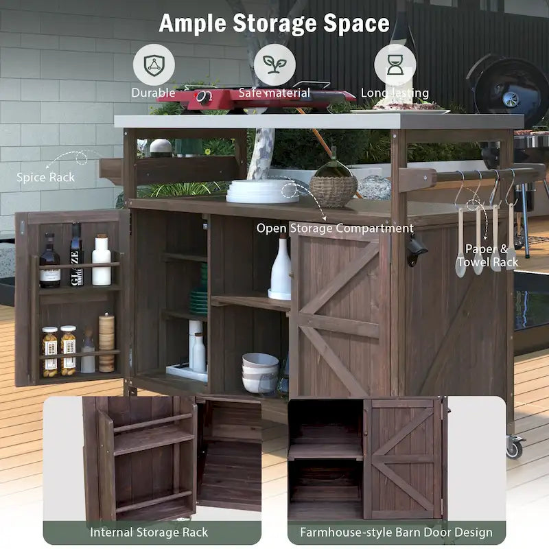 Îlot de cuisine extérieure, Desserte de bar roulante et Meuble de rangement, Table de barbecue d'extérieur de style fermier avec plateau en acier inoxydable et porte-serviettes