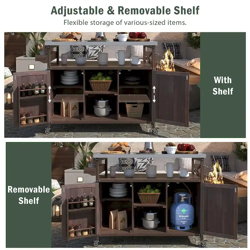 Îlot de cuisine extérieure, Desserte de bar roulante et Meuble de rangement, Table de barbecue d'extérieur de style fermier avec plateau en acier inoxydable et porte-serviettes