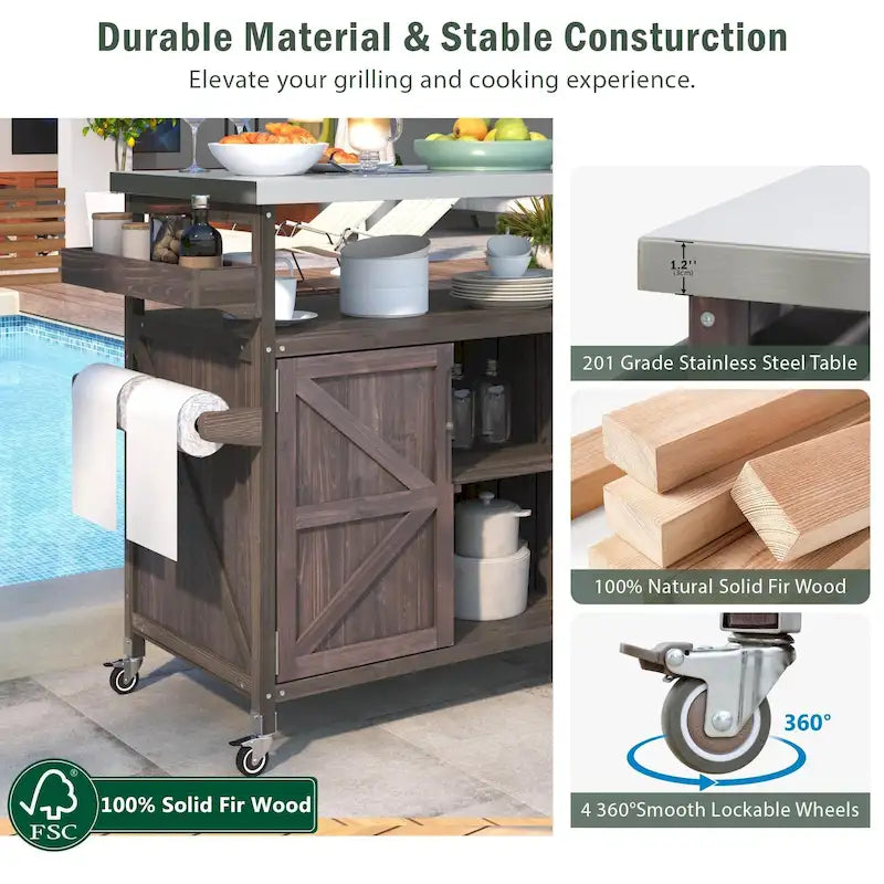 Îlot de cuisine extérieure, Desserte de bar roulante et Meuble de rangement, Table de barbecue d'extérieur de style fermier avec plateau en acier inoxydable et porte-serviettes