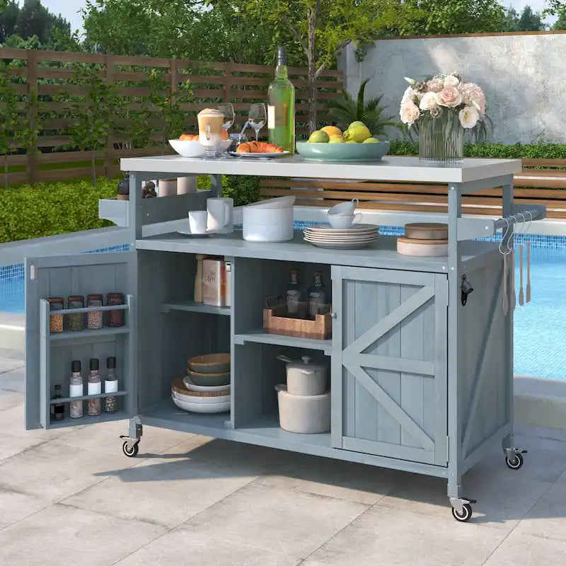Îlot de cuisine extérieure, Desserte de bar roulante et Meuble de rangement, Table de barbecue d'extérieur de style fermier avec plateau en acier inoxydable et porte-serviettes
