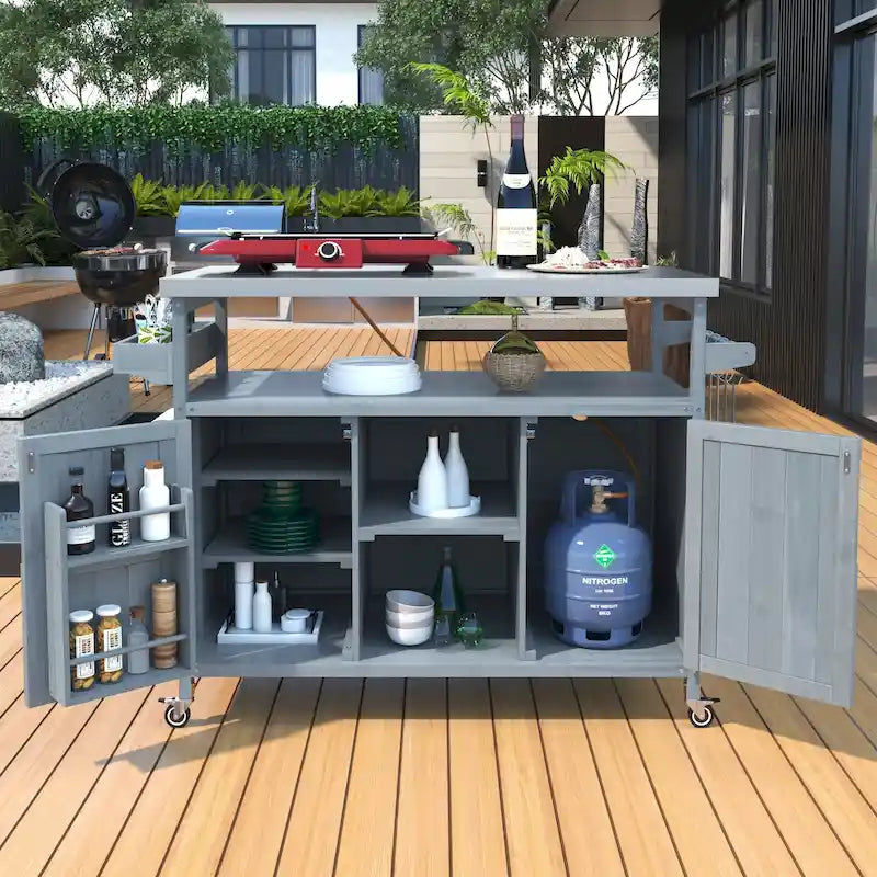 Îlot de cuisine extérieure, Desserte de bar roulante et Meuble de rangement, Table de barbecue d'extérieur de style fermier avec plateau en acier inoxydable et porte-serviettes