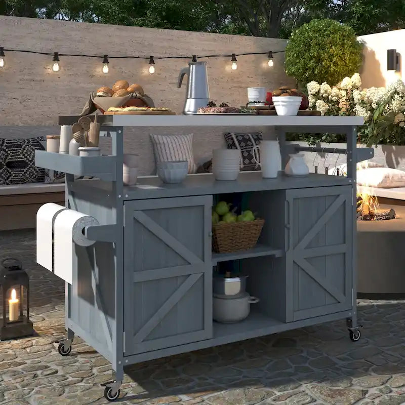 Îlot de cuisine extérieure, Desserte de bar roulante et Meuble de rangement, Table de barbecue d'extérieur de style fermier avec plateau en acier inoxydable et porte-serviettes
