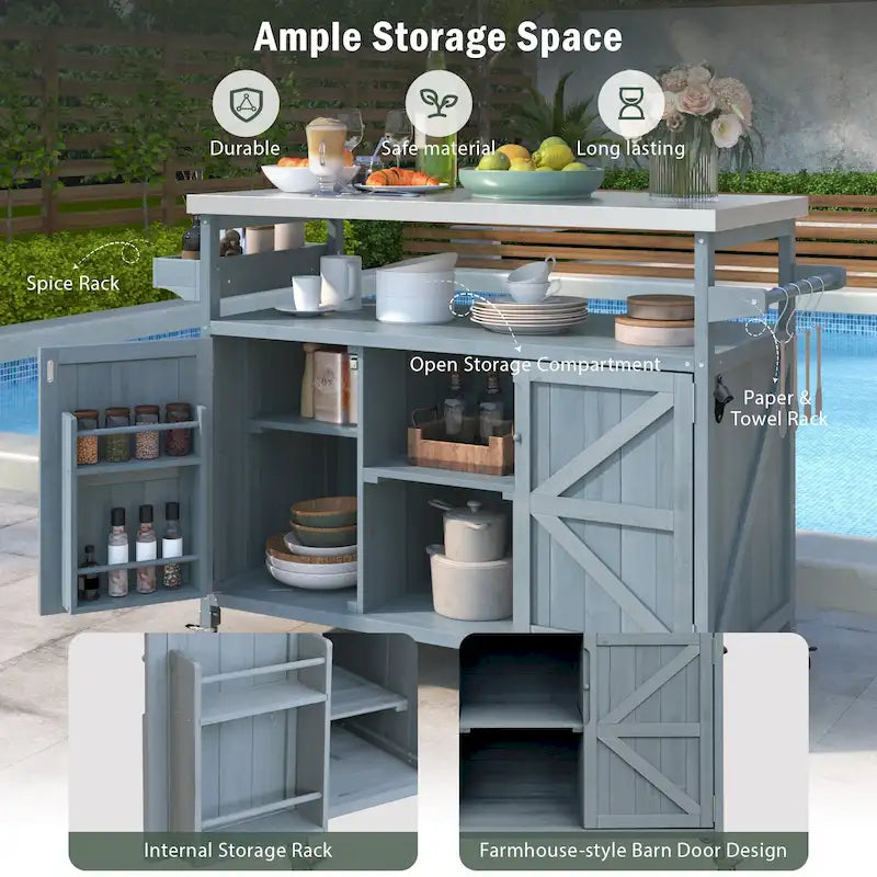 Îlot de cuisine extérieure, Desserte de bar roulante et Meuble de rangement, Table de barbecue d'extérieur de style fermier avec plateau en acier inoxydable et porte-serviettes