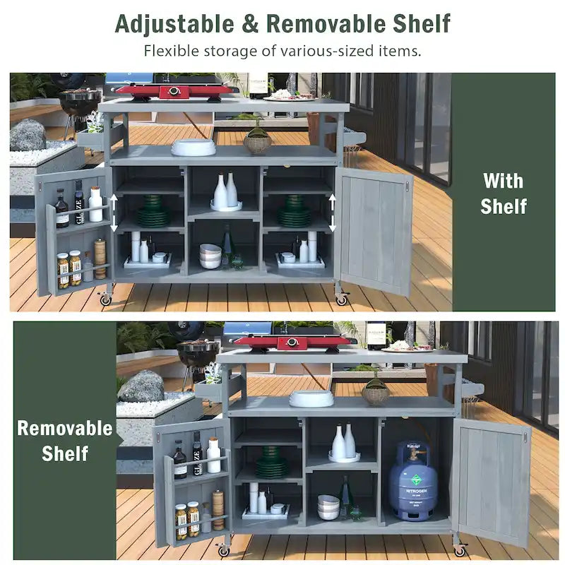 Îlot de cuisine extérieure, Desserte de bar roulante et Meuble de rangement, Table de barbecue d'extérieur de style fermier avec plateau en acier inoxydable et porte-serviettes