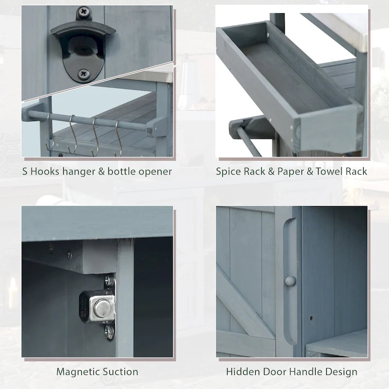 Îlot de cuisine extérieure, Desserte de bar roulante et Meuble de rangement, Table de barbecue d'extérieur de style fermier avec plateau en acier inoxydable et porte-serviettes