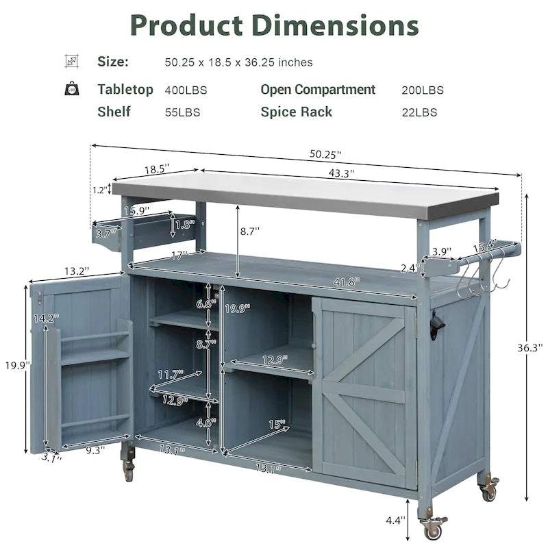 Îlot de cuisine extérieure, Desserte de bar roulante et Meuble de rangement, Table de barbecue d'extérieur de style fermier avec plateau en acier inoxydable et porte-serviettes