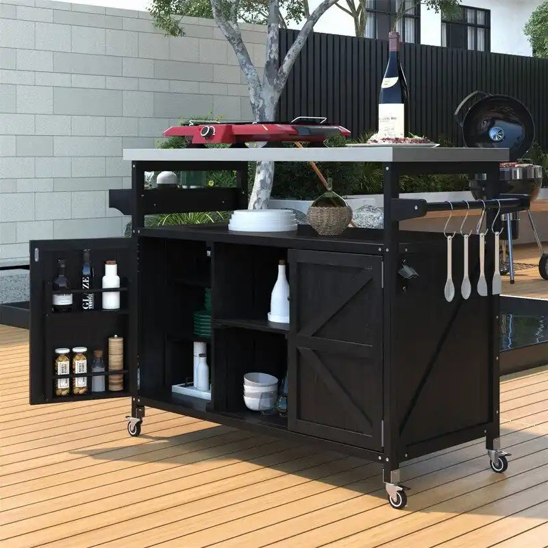 Îlot de cuisine extérieure, Desserte de bar roulante et Meuble de rangement, Table de barbecue d'extérieur de style fermier avec plateau en acier inoxydable et porte-serviettes