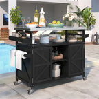 Îlot de cuisine extérieure, Desserte de bar roulante et Meuble de rangement, Table de barbecue d'extérieur de style fermier avec plateau en acier inoxydable et porte-serviettes