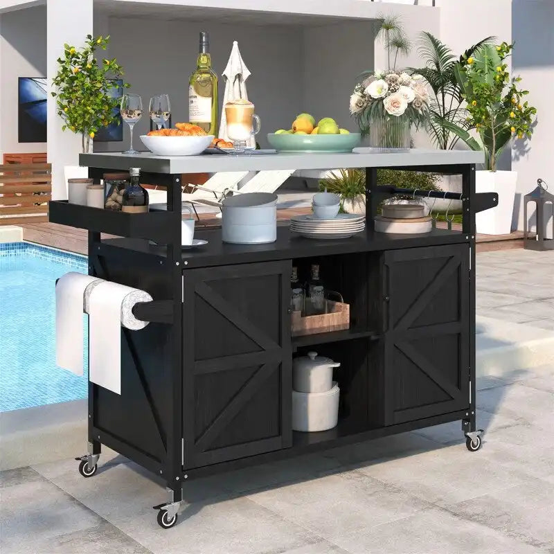 Îlot de cuisine extérieure, Desserte de bar roulante et Meuble de rangement, Table de barbecue d'extérieur de style fermier avec plateau en acier inoxydable et porte-serviettes