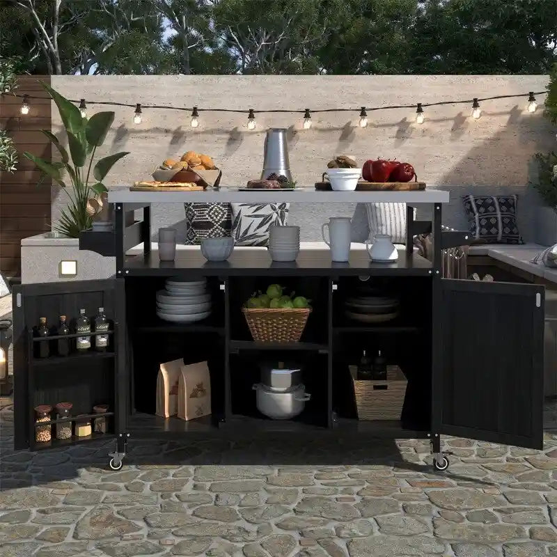 Îlot de cuisine extérieure, Desserte de bar roulante et Meuble de rangement, Table de barbecue d'extérieur de style fermier avec plateau en acier inoxydable et porte-serviettes