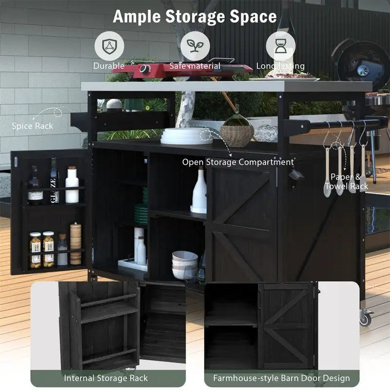 Îlot de cuisine extérieure, Desserte de bar roulante et Meuble de rangement, Table de barbecue d'extérieur de style fermier avec plateau en acier inoxydable et porte-serviettes