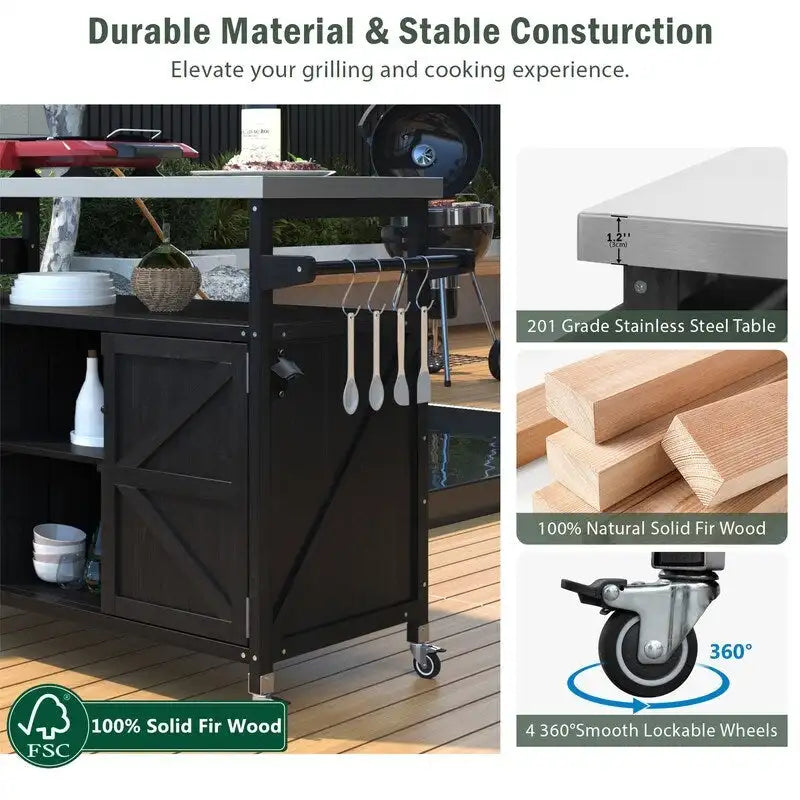 Îlot de cuisine extérieure, Desserte de bar roulante et Meuble de rangement, Table de barbecue d'extérieur de style fermier avec plateau en acier inoxydable et porte-serviettes