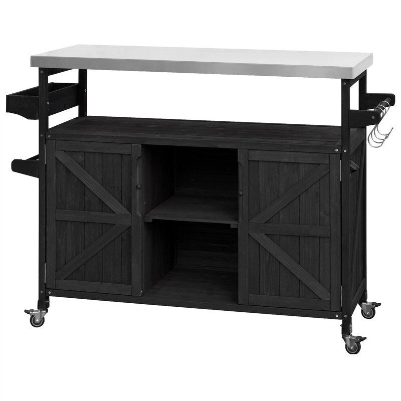 Îlot de cuisine extérieure, Desserte de bar roulante et Meuble de rangement, Table de barbecue d'extérieur de style fermier avec plateau en acier inoxydable et porte-serviettes