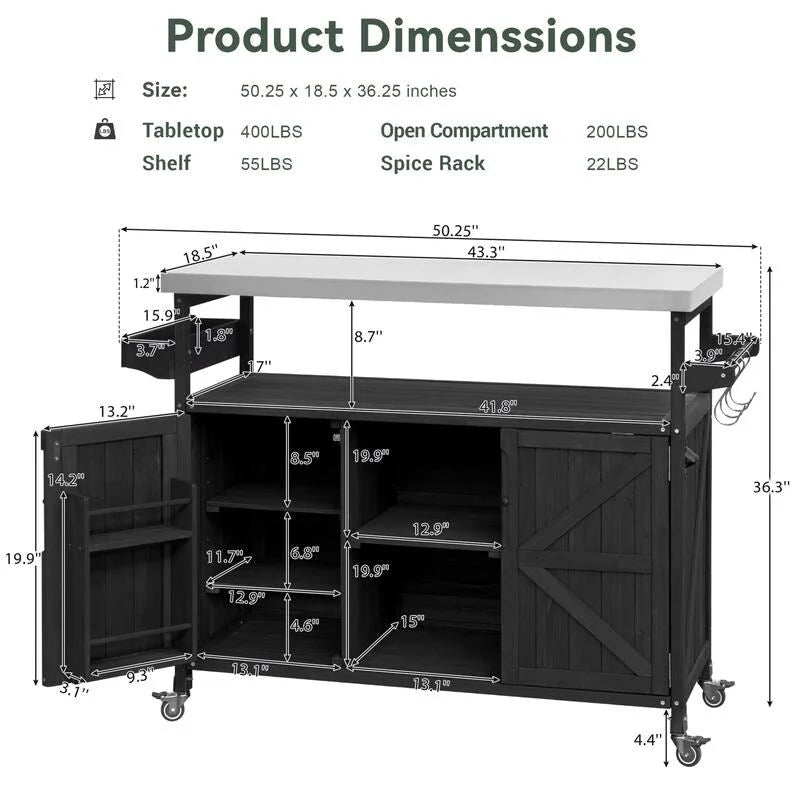 Îlot de cuisine extérieure, Desserte de bar roulante et Meuble de rangement, Table de barbecue d'extérieur de style fermier avec plateau en acier inoxydable et porte-serviettes