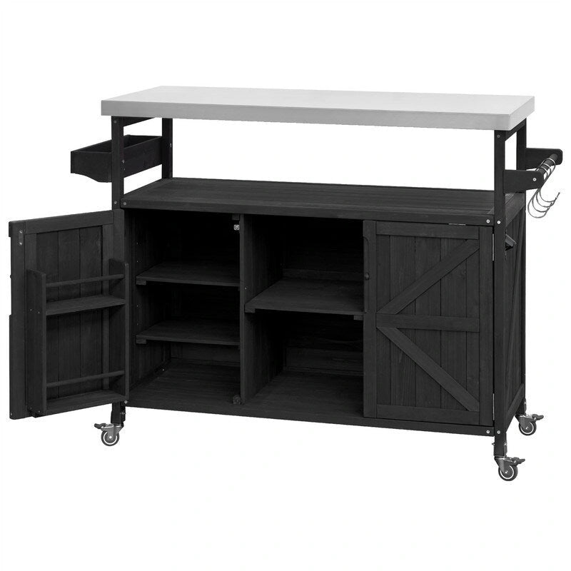 Îlot de cuisine extérieure, Desserte de bar roulante et Meuble de rangement, Table de barbecue d'extérieur de style fermier avec plateau en acier inoxydable et porte-serviettes